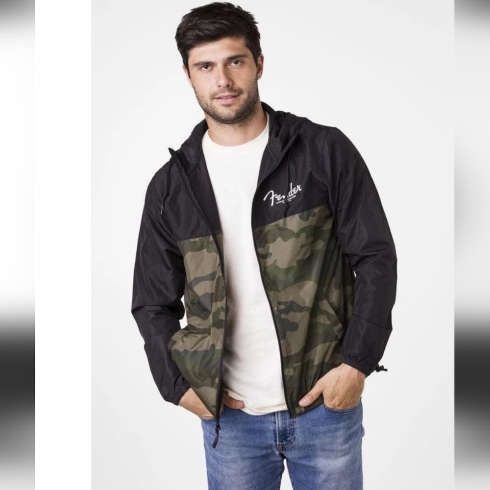 Fender Guitar Black and Green Camo Men's Wind Braker Jacket XL